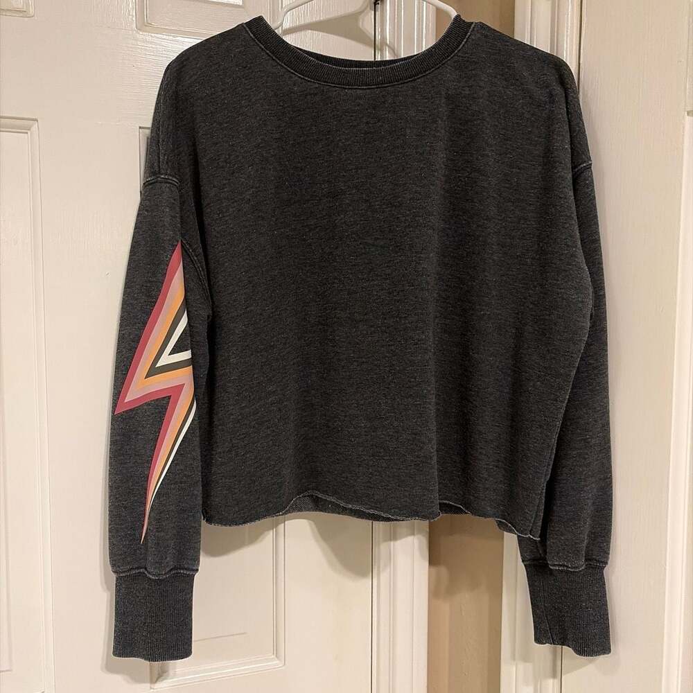 Z Supply Bolt Sleeve Cropped Crewneck Sweatshirt Charcoal Gray XS ZT211987S